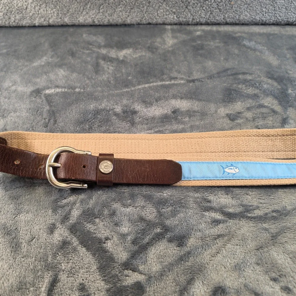 Southern Tide Mens Skipjack Ribbon Belt Tan Canvas Brown Leather Blue Fish 34